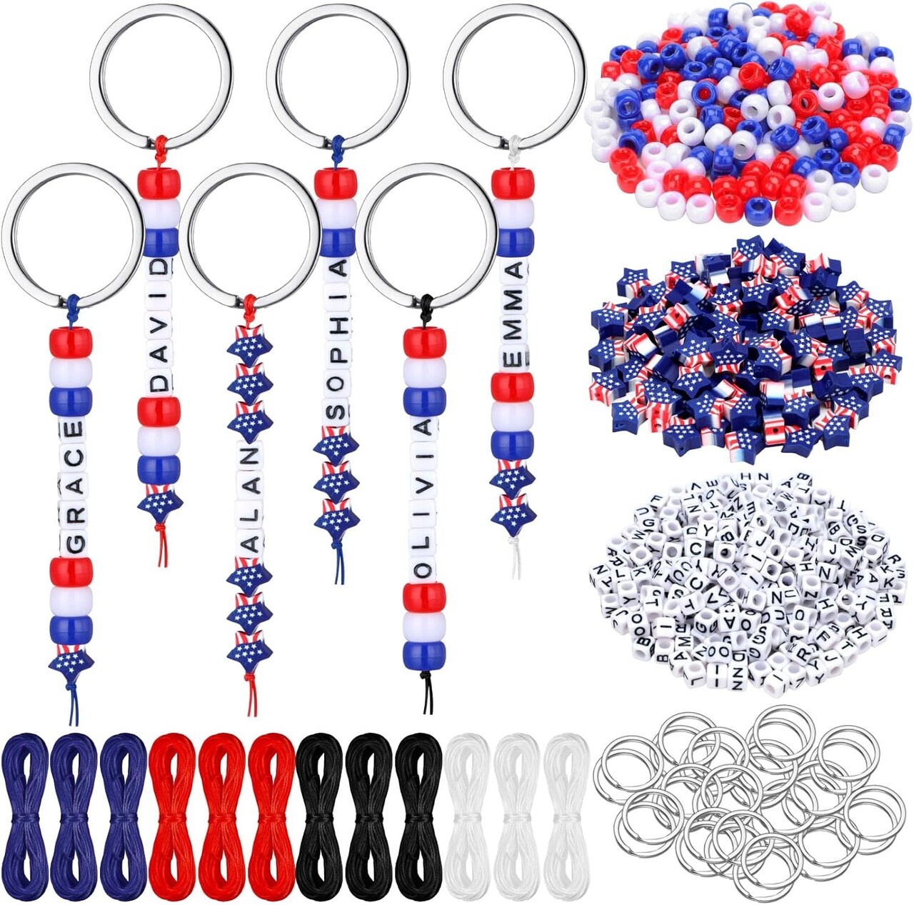 564 Pcs 4th of July Keychain Craft Kit DIY Patriotic Bead Keychain Making Supplies 250th Anniversary Key Gifts Name Beads Red Blue White Independence Day Memorial Day American Flag Favors